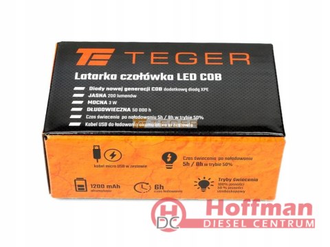 Latarka czołówka LED COB 200 Lm ładowana USB Teger