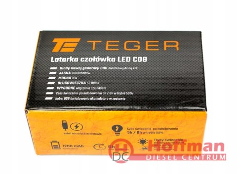 Latarka lampka czołówka LED COB 200 Lm z czujnikiem ruchu Teger